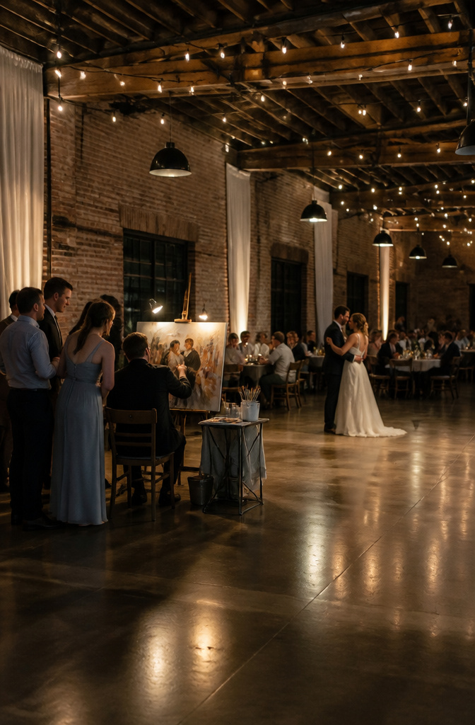An artist paints a wedding scene live during the reception.