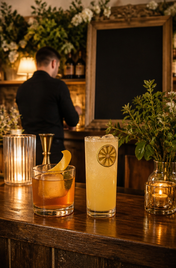 Two signature cocktails are displayed at a beautifully set bar.