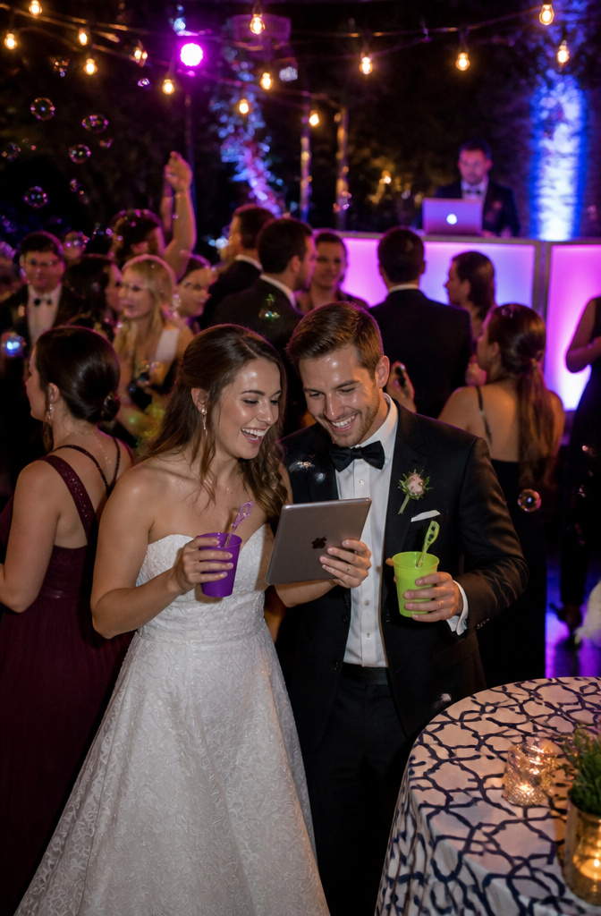 A couple looks at a digital playlist while guests dance in the background.