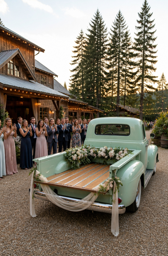 A decorated vintage pickup truck awaits outside the wedding venue.