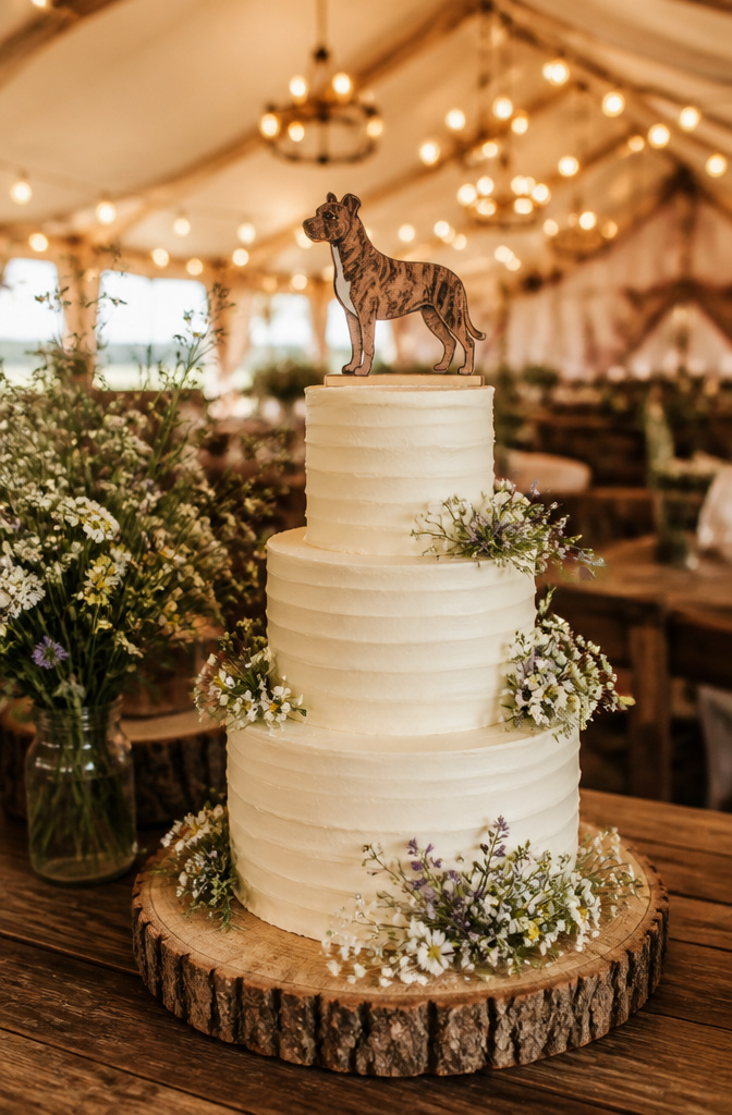 A custom cake topper resembling a dog sits atop a wedding cake.