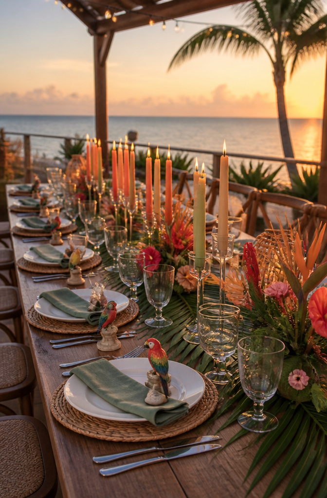A beautifully set table with tropical decorations and ombre candles.