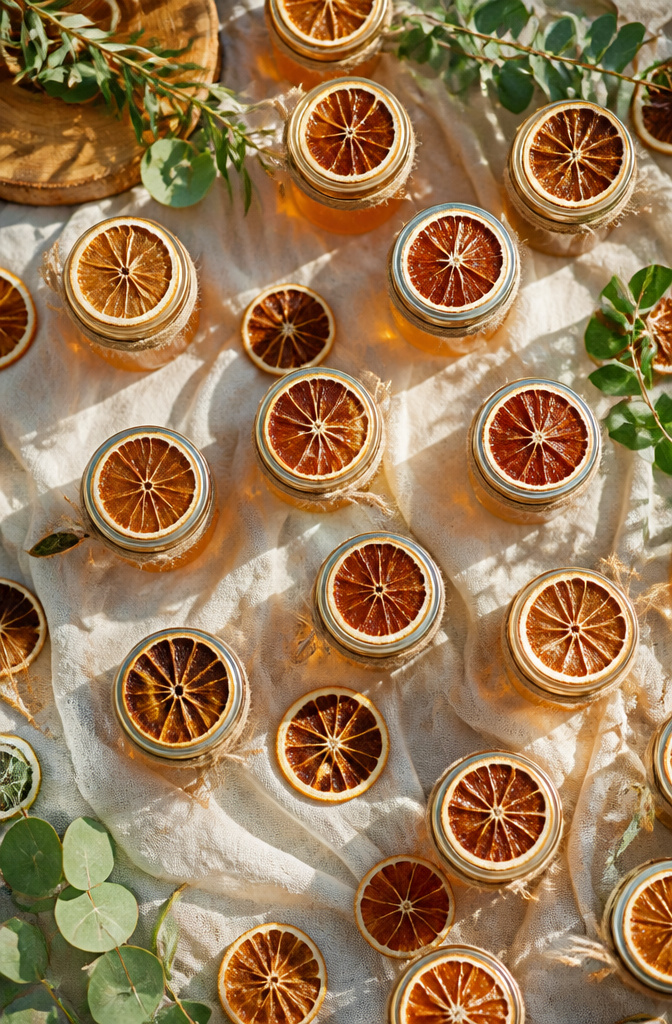Small jars of honey topped with dried orange slices are displayed.