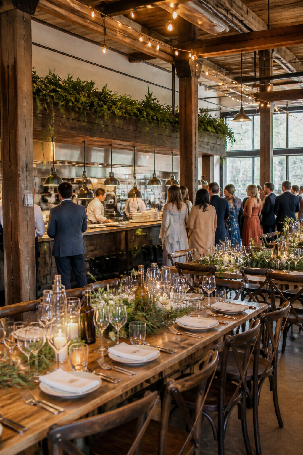 8 Indoor Wedding Venue Types for 2026: Research-Based Picks 7 Hunt & Gather with an open kitchen setup during a lively reception.
