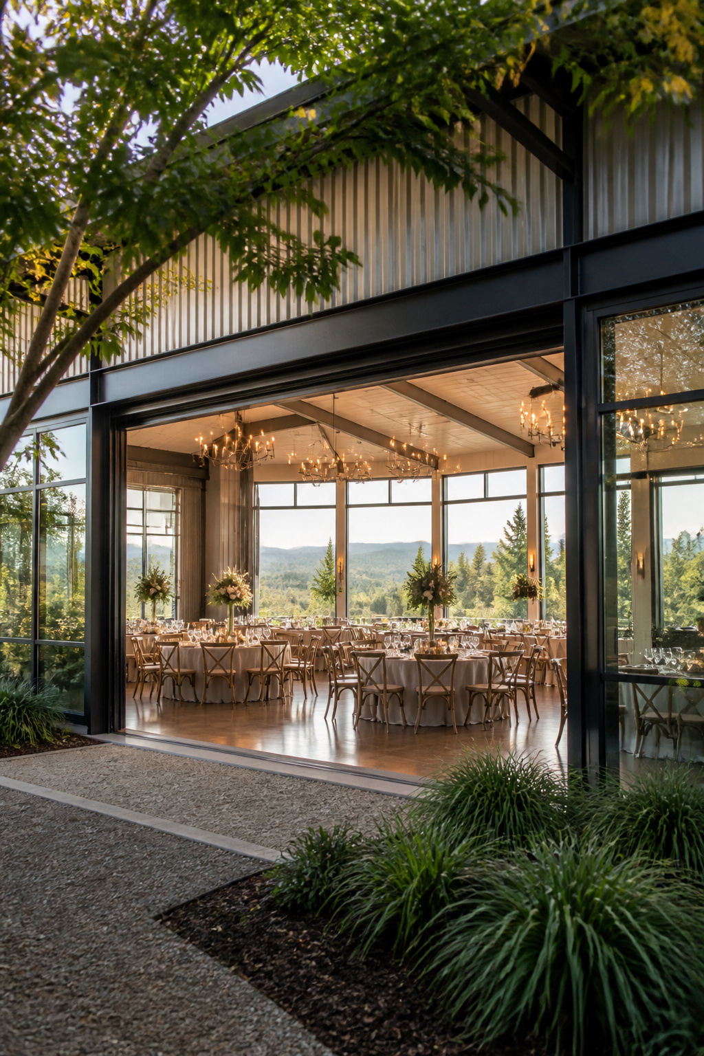 8 Indoor Wedding Venue Types for 2026: Research-Based Picks 8 Amaterra Winery's Skyline Ballroom with large windows overlooking the Coast Range.