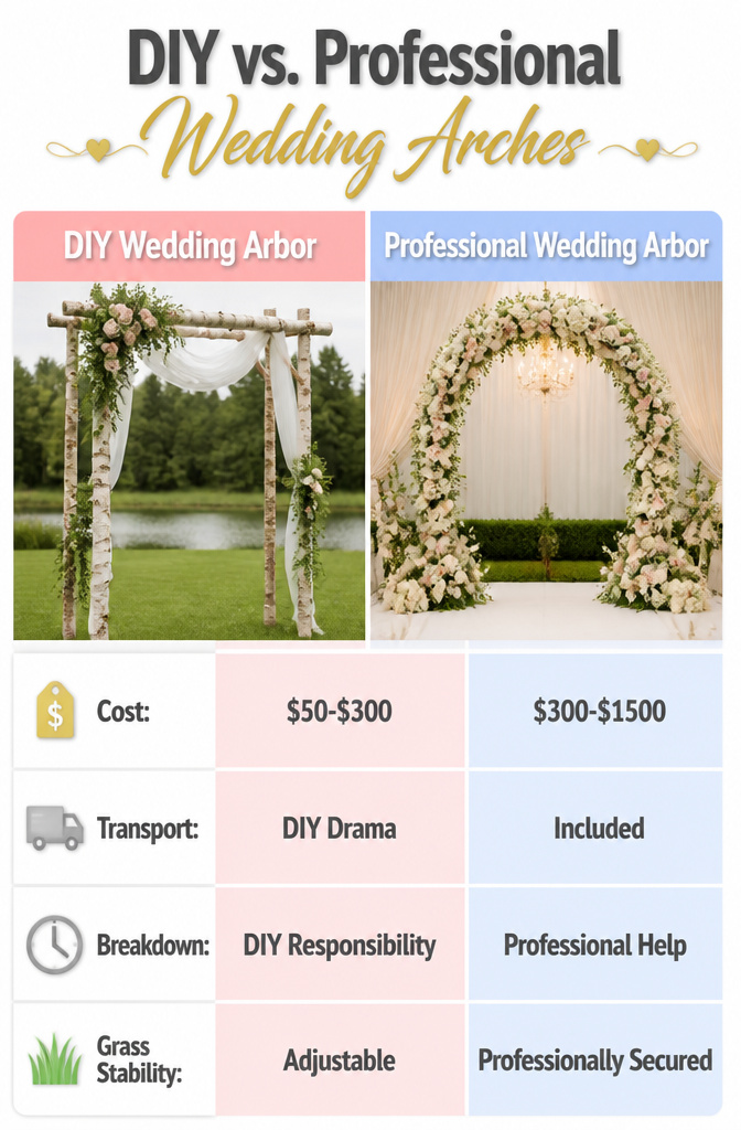 Visual comparison of DIY and professional wedding arches.