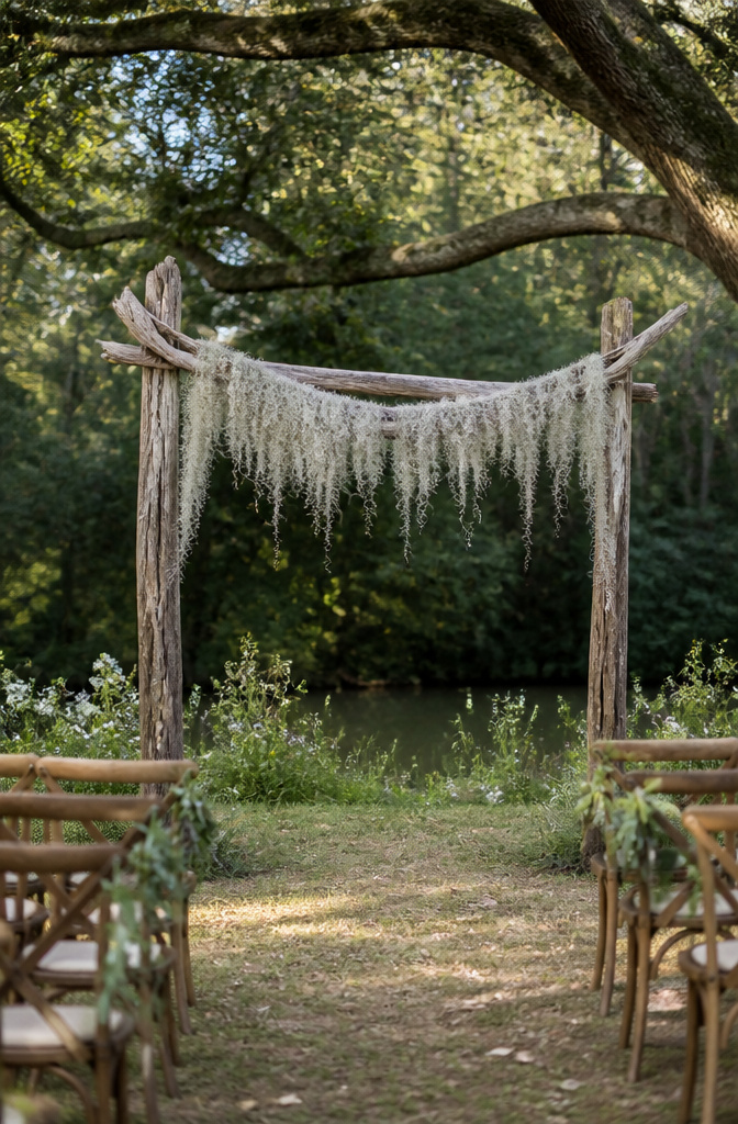 Rustic wedding arch made of driftwood with Spanish moss.