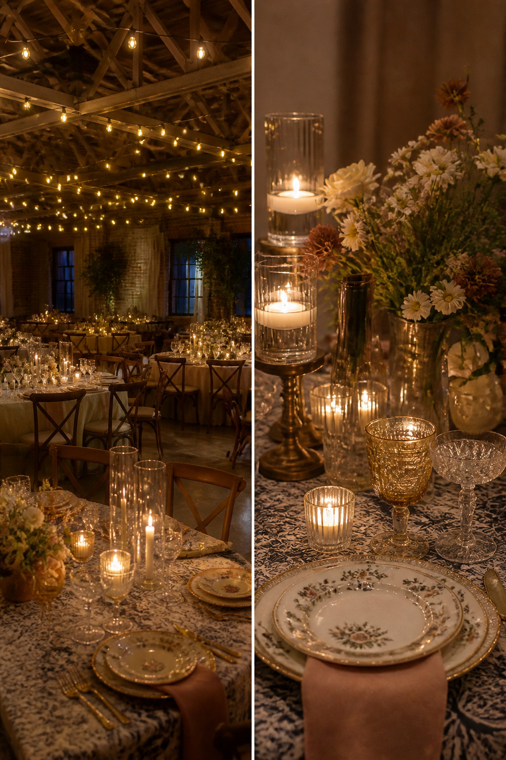A beautifully decorated dining table with ambient lighting.
