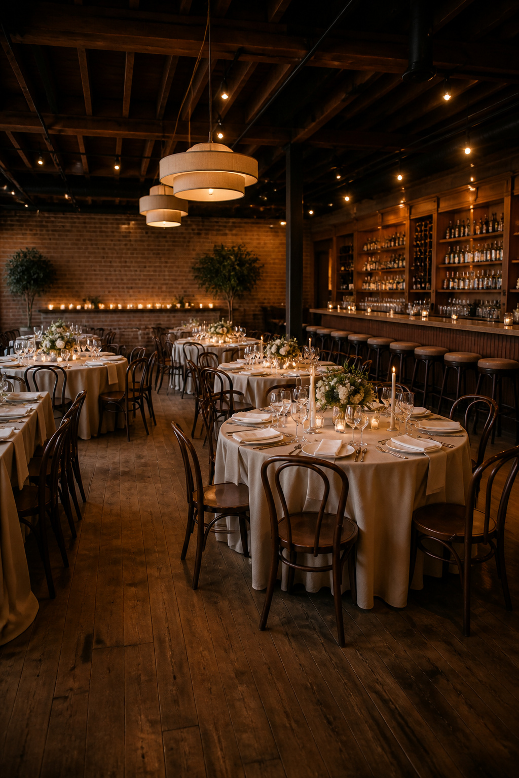 An elegantly decorated restaurant ready for a private wedding reception.