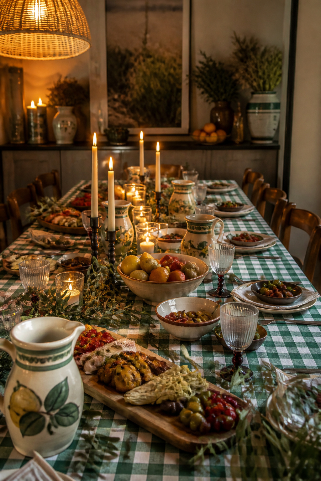 A table set for a themed dinner party with checkered tablecloths and food.