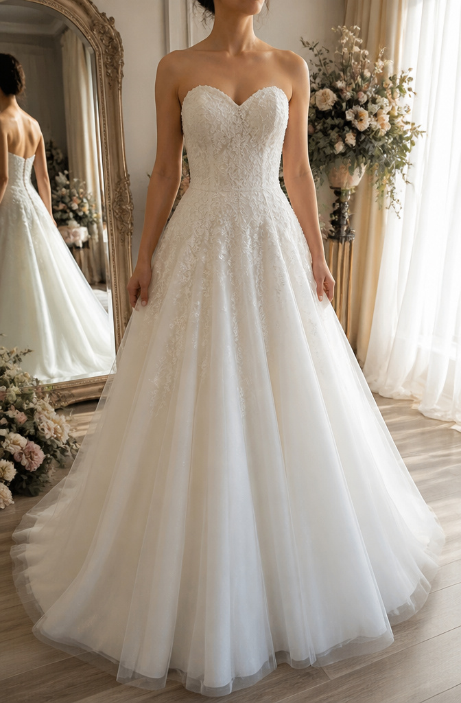Wedding Dress for Short Bride: 6 Silhouette Styles That Fit 1 A bride in an A-line wedding dress stands in a fitting room.