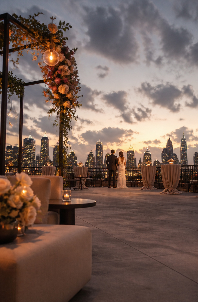 8 Wedding Ideas Places You Can Actually Book for 2026 7 A rooftop deck overlooking a city skyline at night.