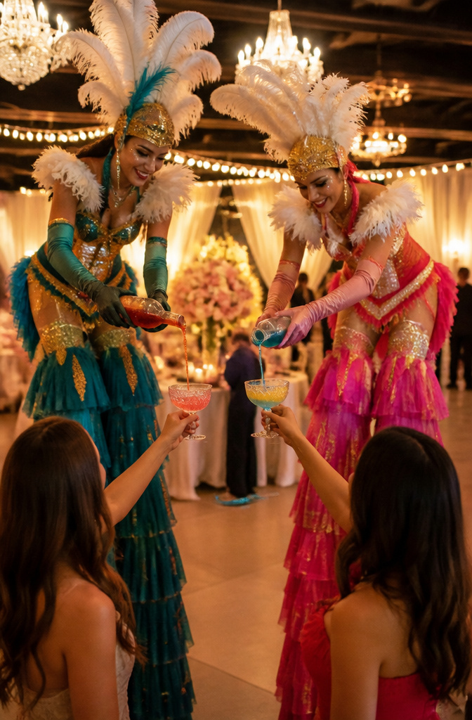 Stilt walkers pouring drinks at a wedding reception.