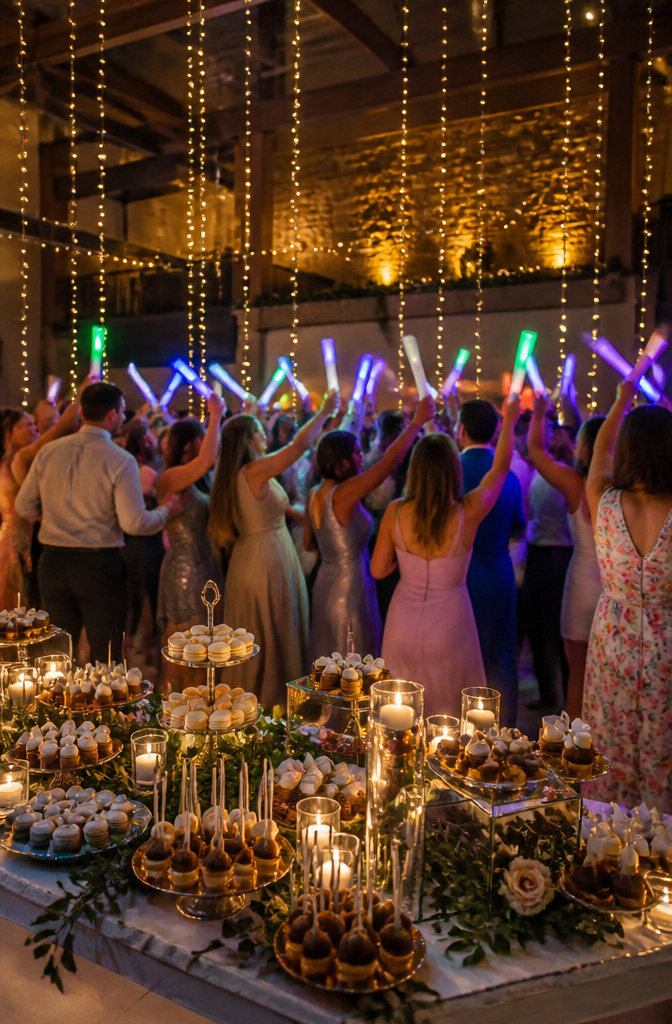 Guests waving glow sticks at a wedding reception dance floor.