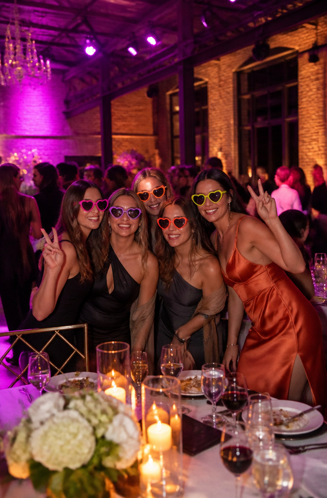 Guests in colorful sunglasses enjoying a wedding reception.