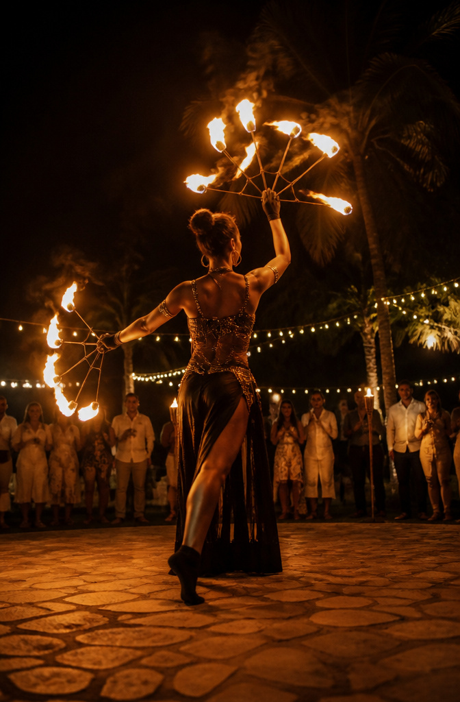 Fire dancers performing at an outdoor wedding reception.