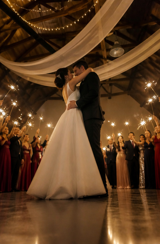 Guests holding sparklers in a circle around the couple.