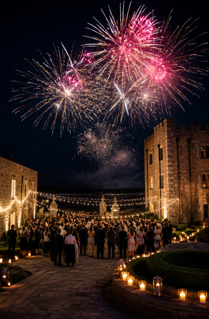 Fireworks exploding in the sky at a wedding reception.
