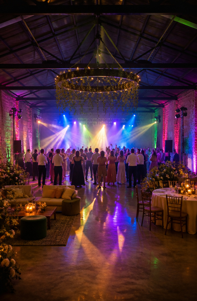 A dance floor with colorful lights and fog at a wedding.