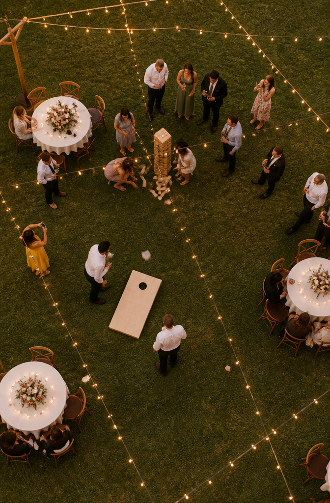 Guests playing lawn games at a wedding reception.