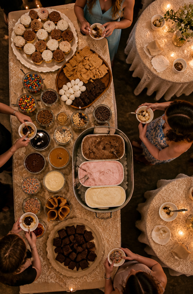 A dessert station with cupcakes and toppings at a wedding.