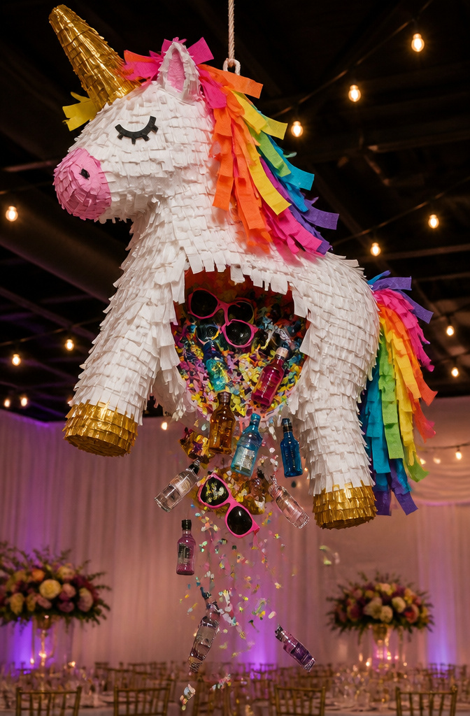 A piñata hanging at a wedding reception waiting to be broken.