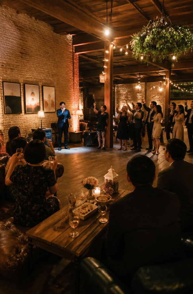 Guests singing karaoke at a wedding reception.