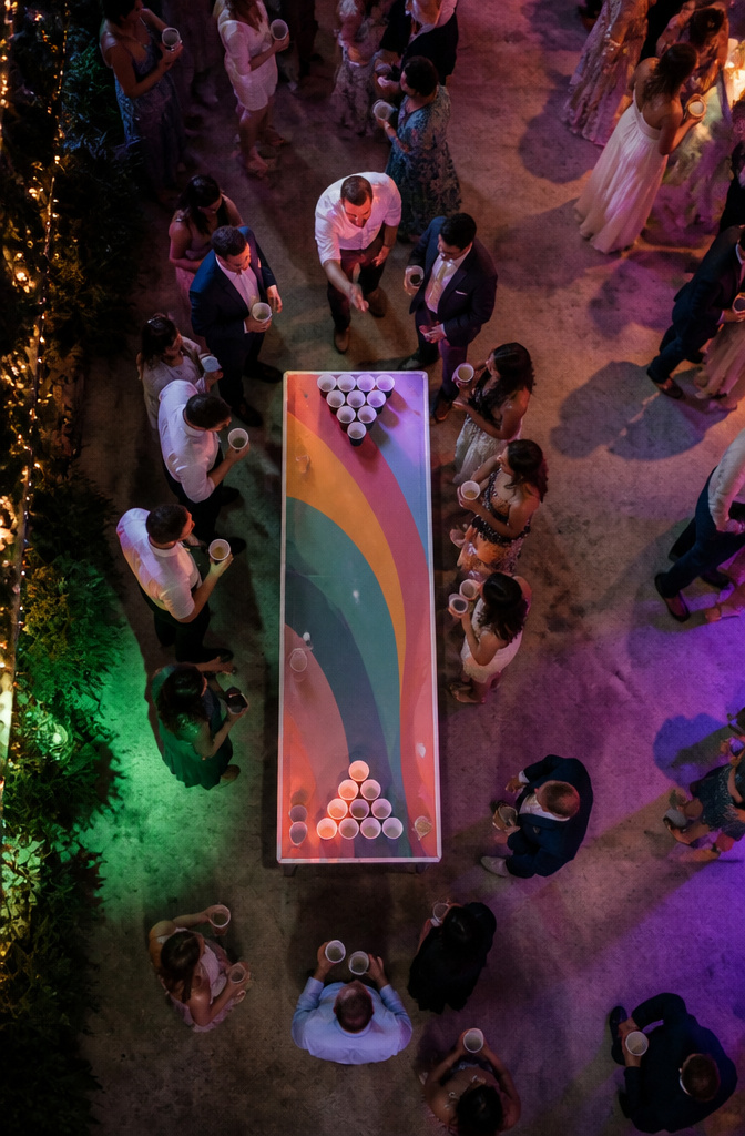 A beer pong setup at a wedding reception.