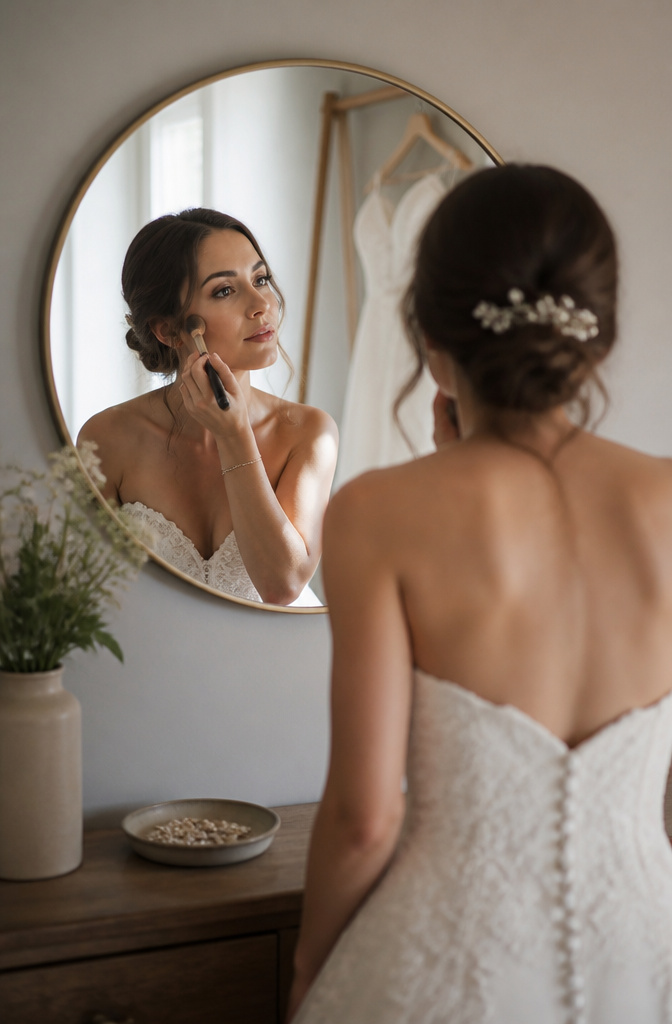 Bride applying makeup in front of a mirror with natural light.
