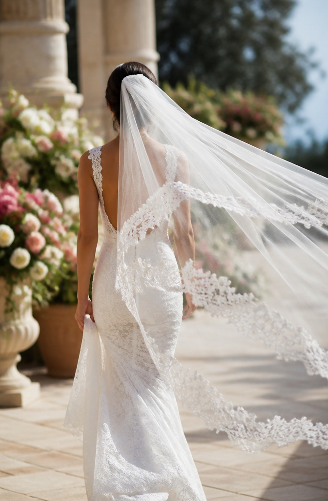 Bride walking with a cathedral-length veil billowing in the breeze.