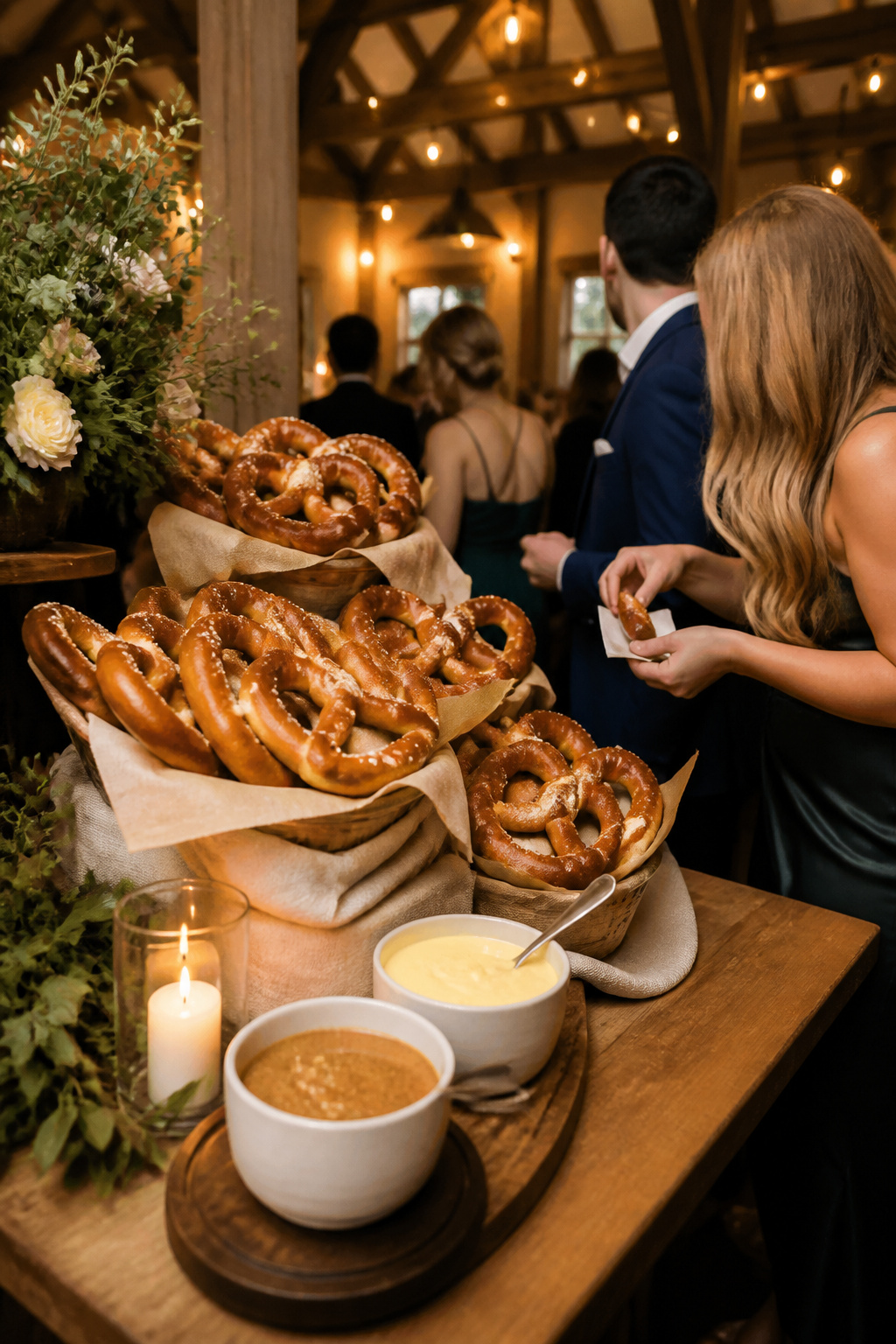 Golden pretzels with dipping sauces displayed on a table.