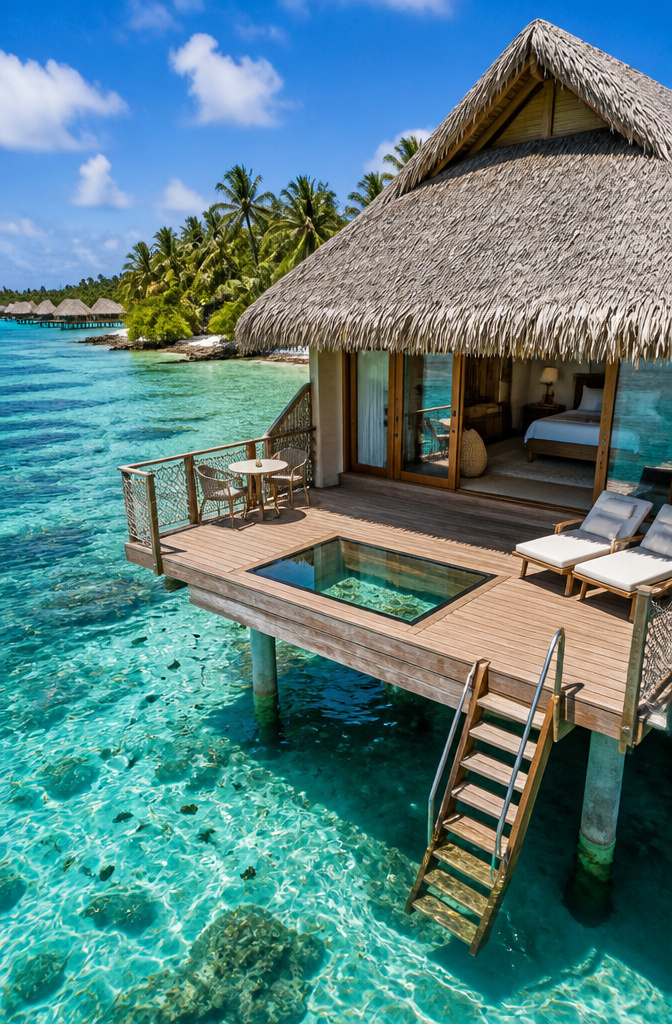 A view of luxurious overwater bungalows in the Maldives.