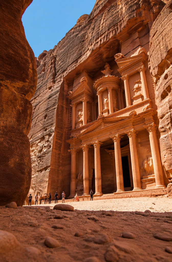 The famous Treasury building at Petra, surrounded by tourists.