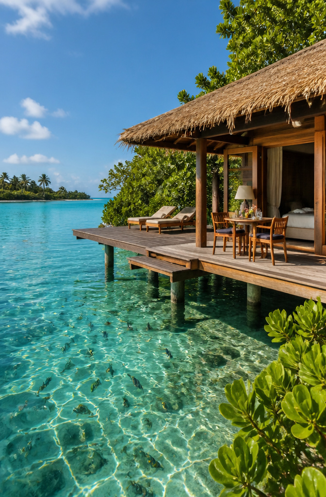 An overwater bungalow with a deck over clear waters surrounded by greenery.