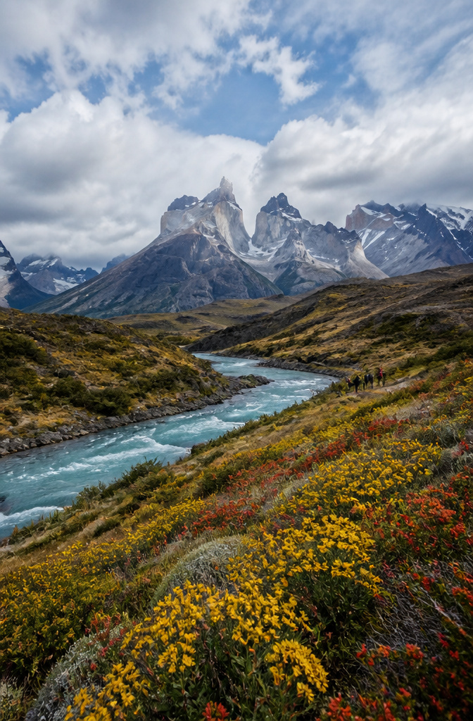 A trekking path in Patagonia showcasing mountains and glaciers.