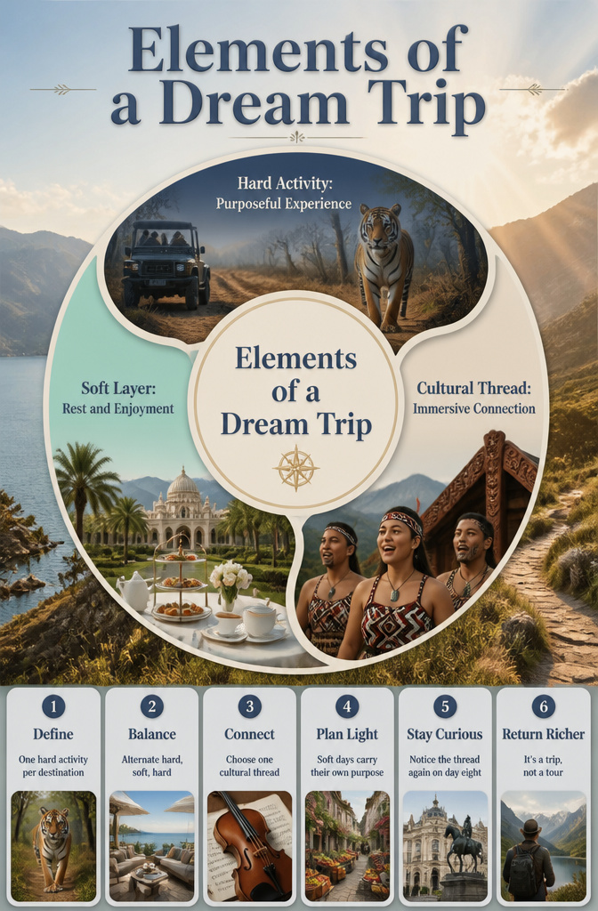 A visual representation of elements that define a dream trip.