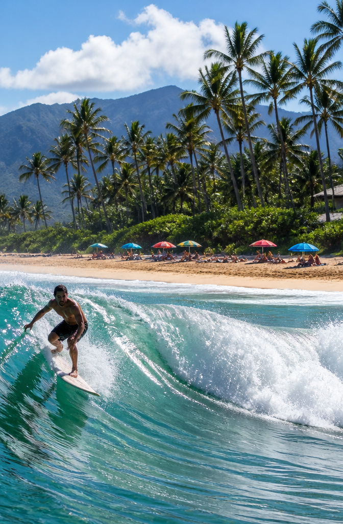 A silhouette of a surfer against waves on Oahu's north shore.