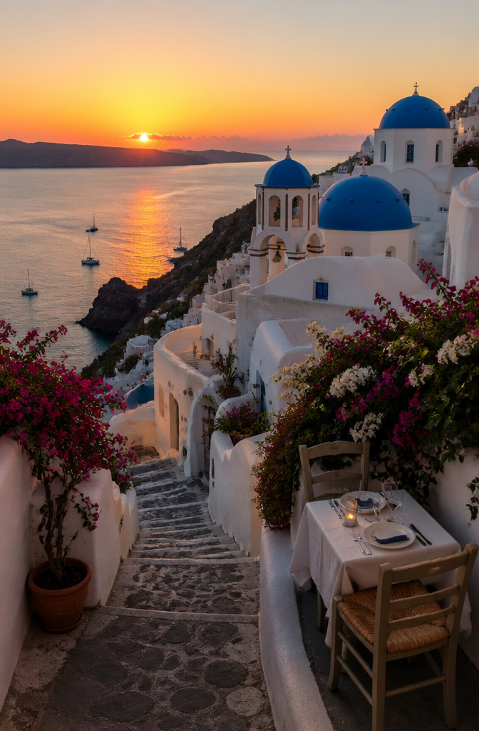 Blue-domed churches on cliffs with a sunset over the Aegean Sea.