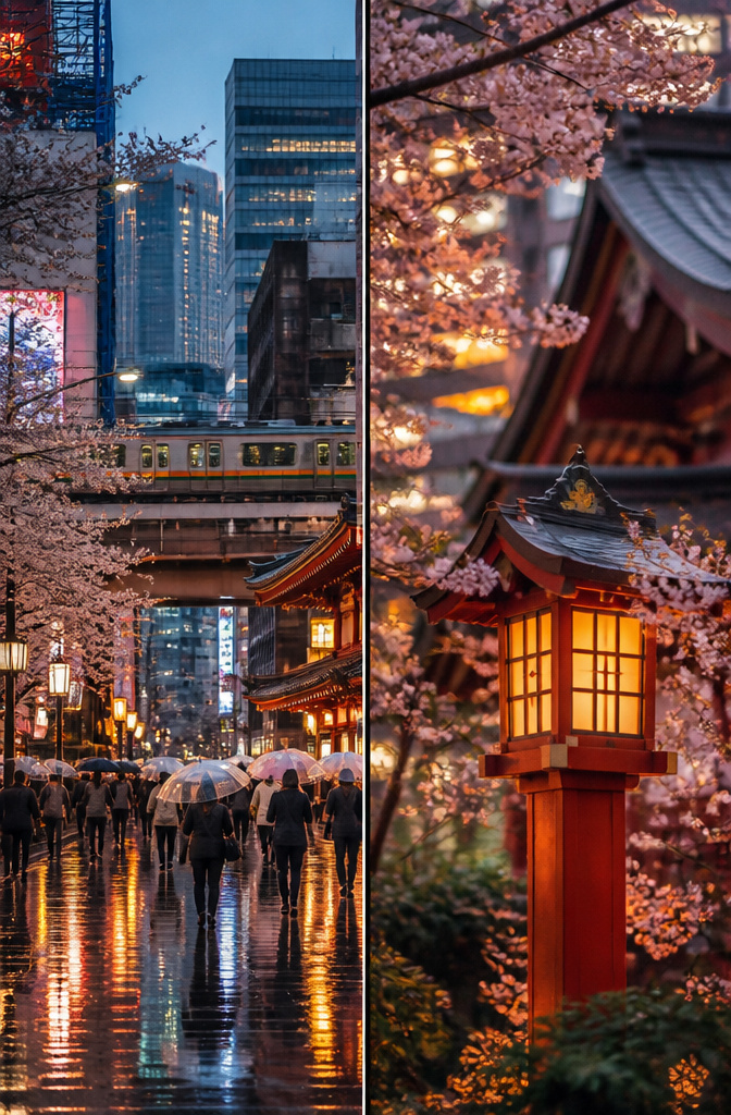 A contrast of ancient and modern life in Japan, featuring a shrine and arcade.