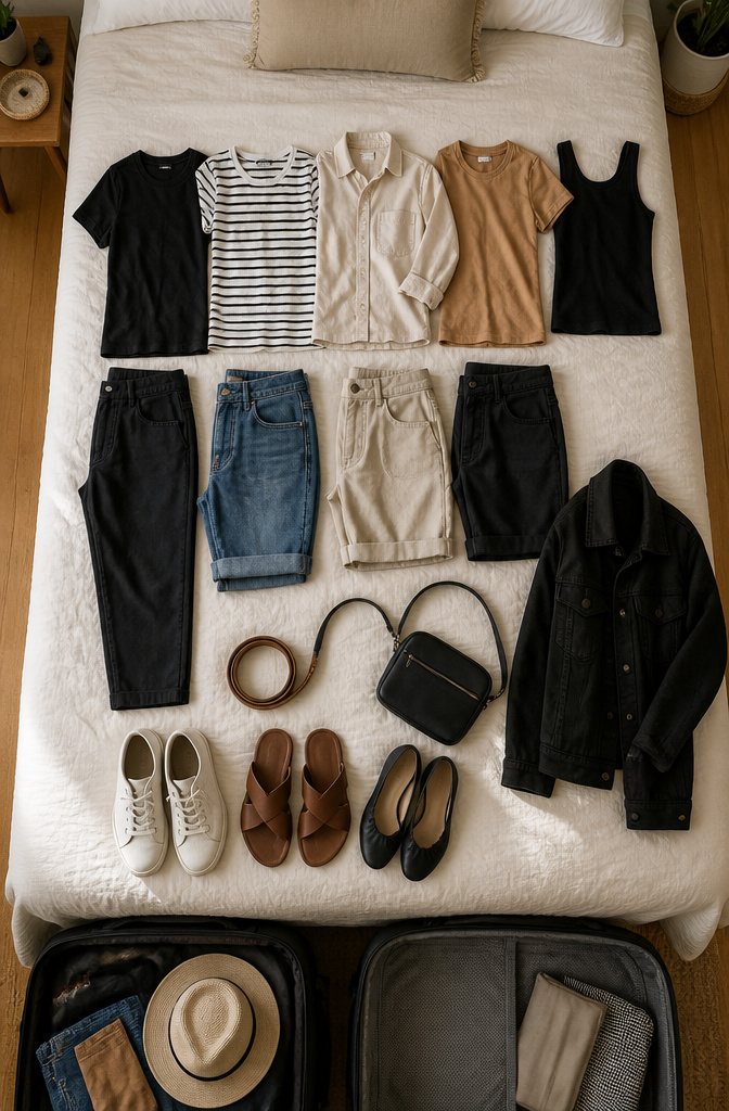 A checklist detailing the 5-4-3-2-1 method for packing outfits.