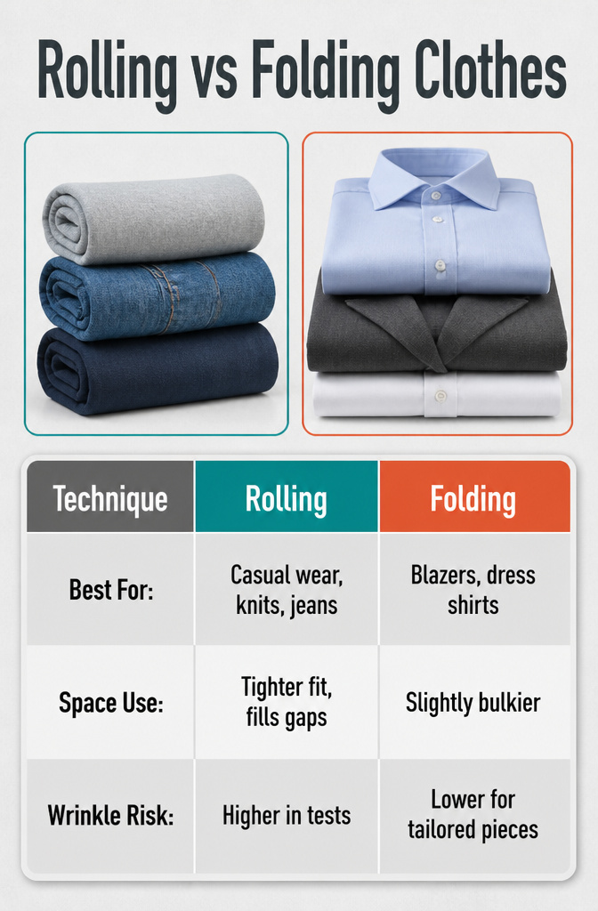 A chart comparing rolling and folding clothes for packing.