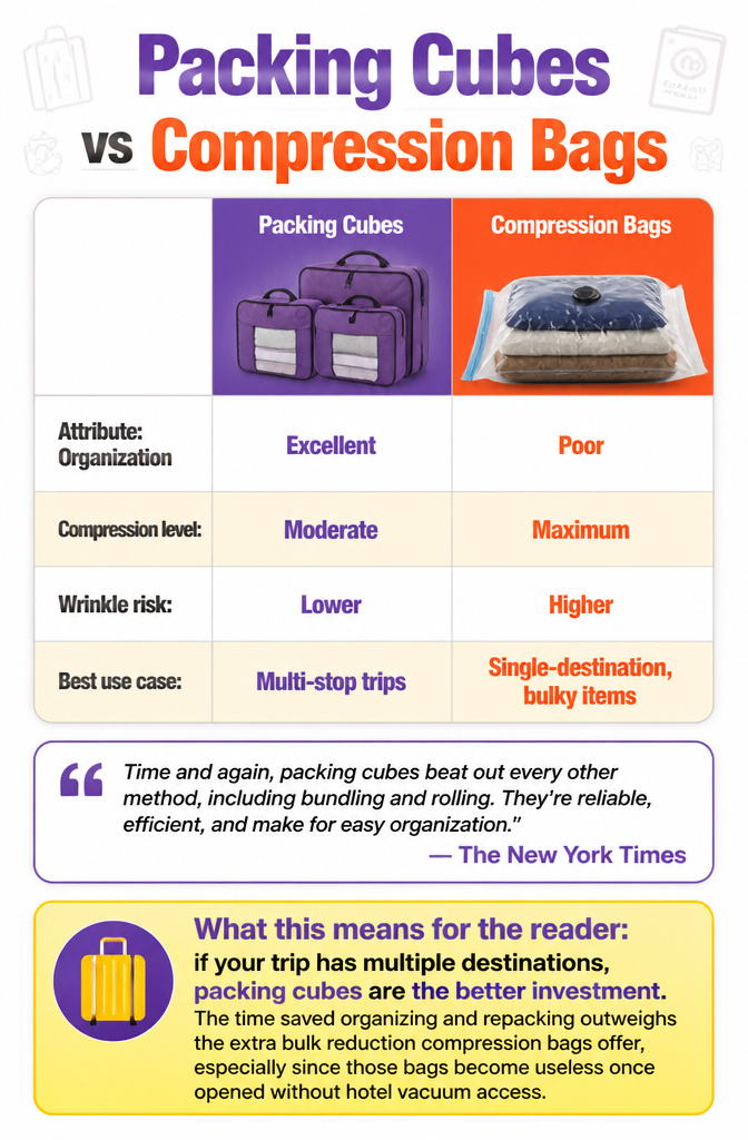 A chart comparing packing cubes and compression bags.