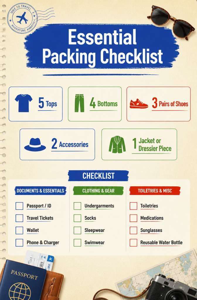 A packing checklist showing the 5-4-3-2-1 method.