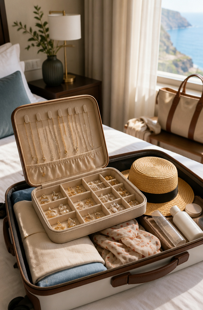 A jewelry organizer with necklaces and earrings on a suitcase.
