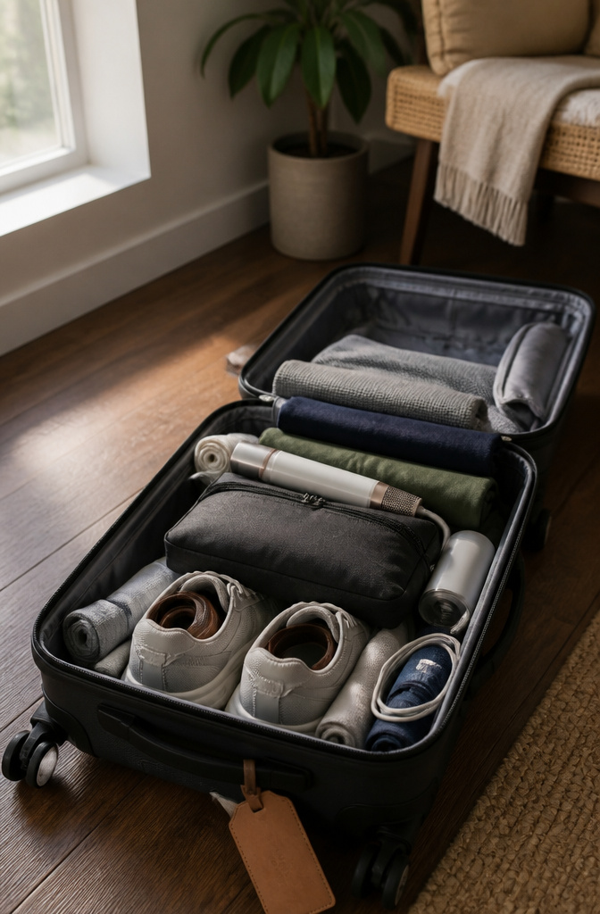 Shoes placed at the bottom of an open suitcase.
