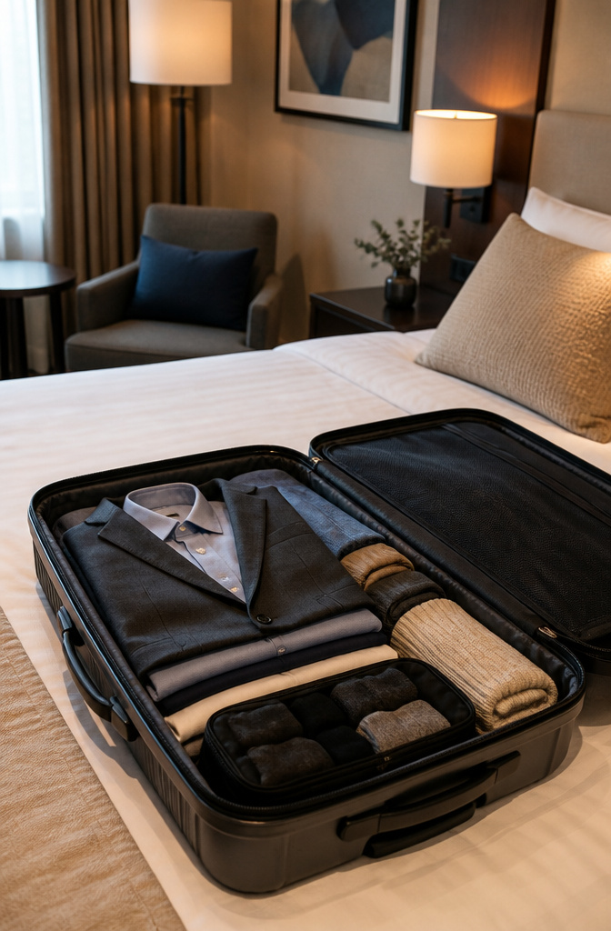 A suitcase with neatly folded blazers and dress shirts.