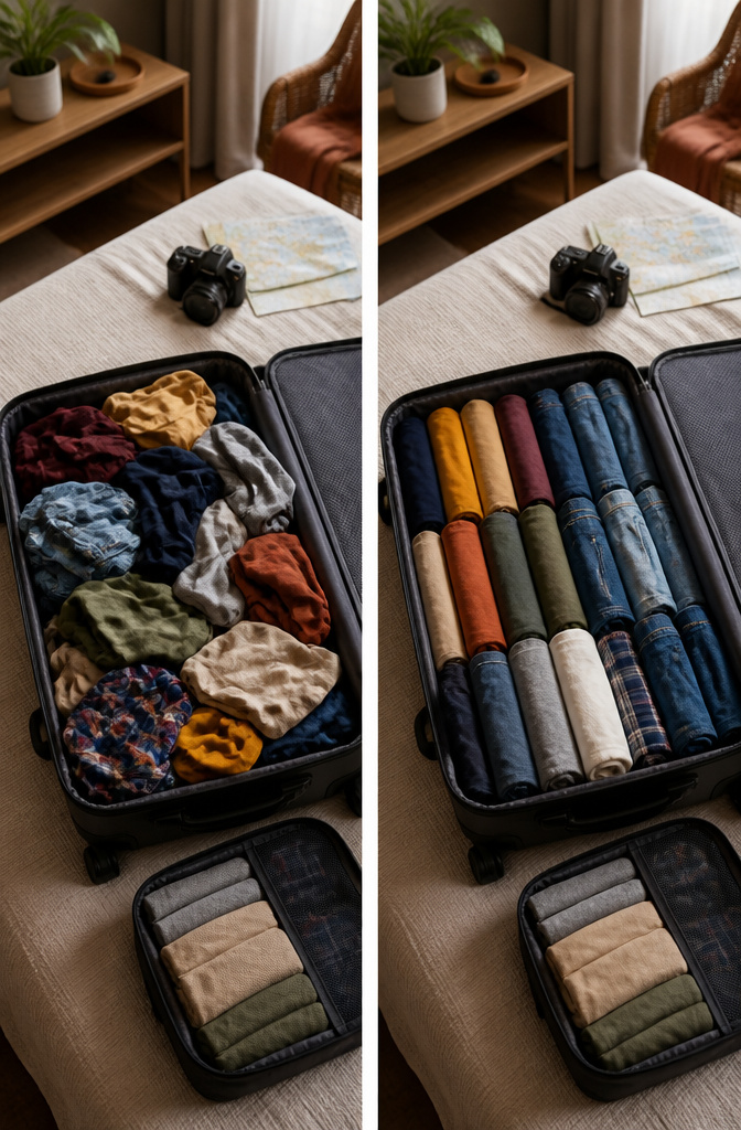 Rolled t-shirts and jeans packed in a suitcase.