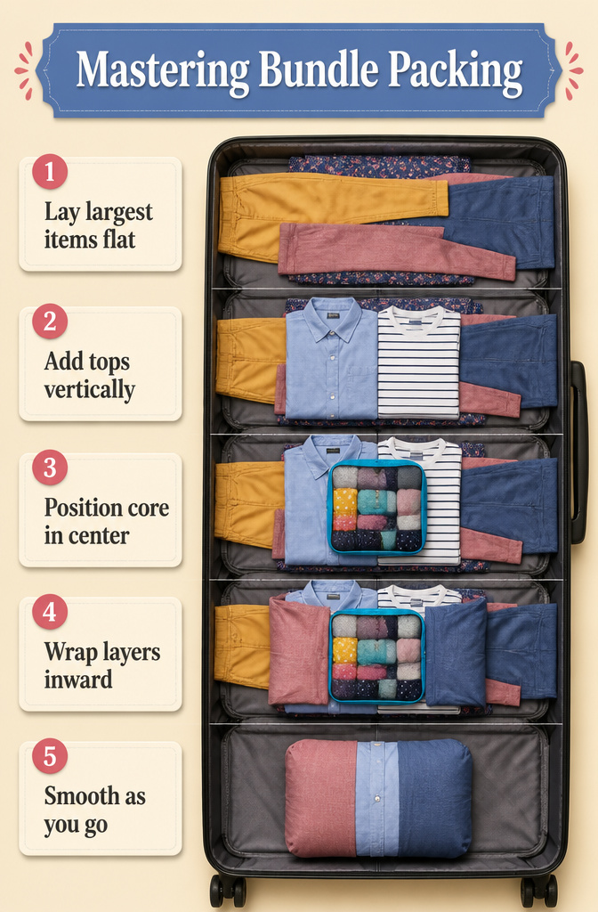 Clothes bundled around a core in a suitcase.