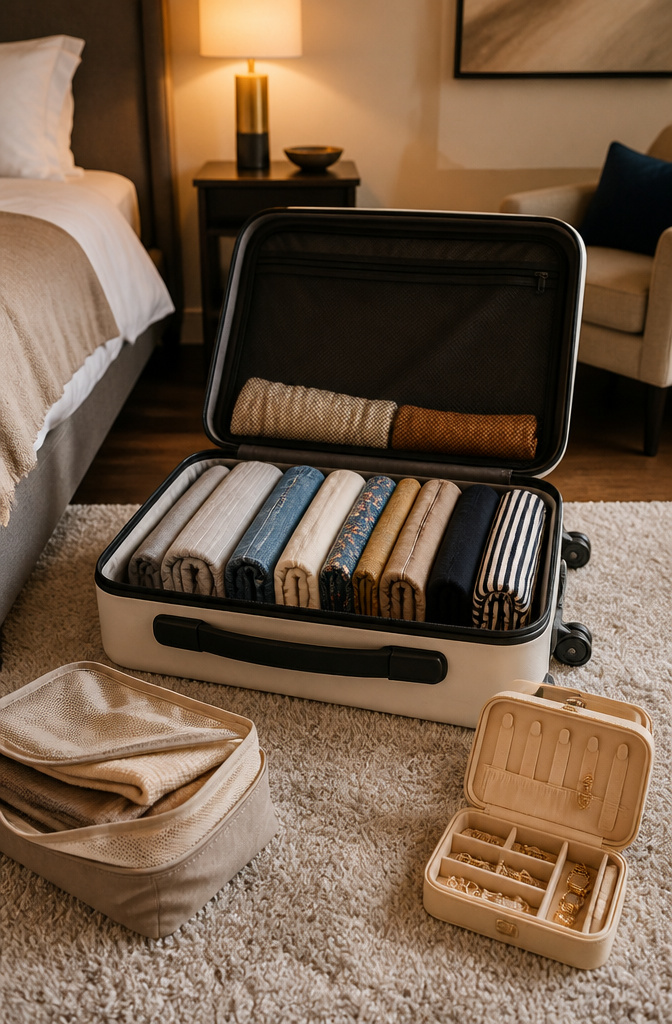 Garments standing upright in an open suitcase.