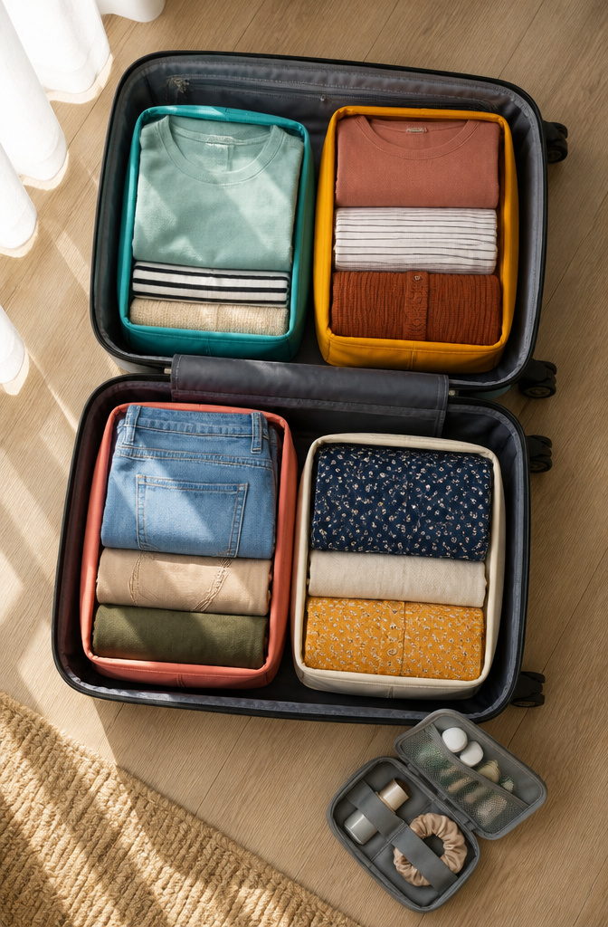 Packing cubes filled with clothes inside a suitcase.